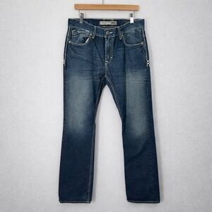 BKE Mens Carter Straight Jeans Size 32L Blue Medium Wash Distressed Denim Casual